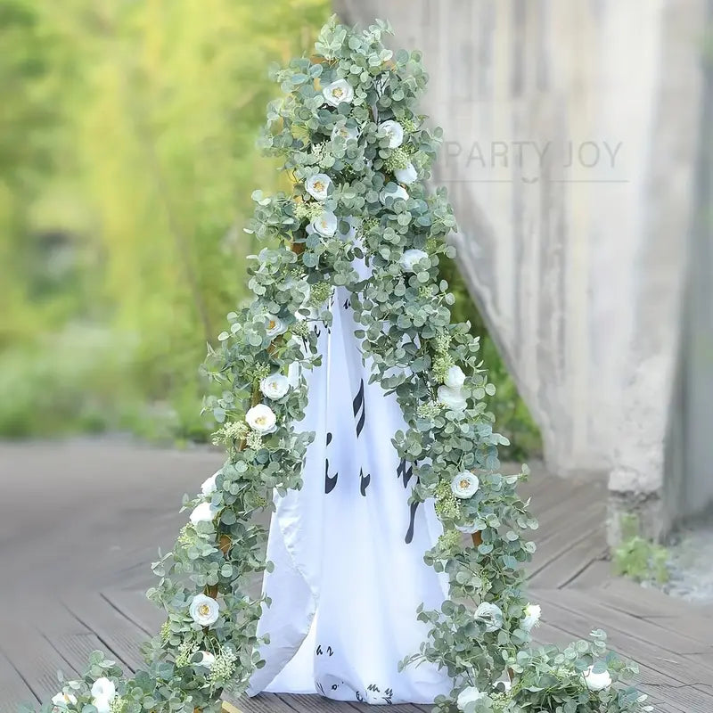 Artificial Eucalyptus Garland With Fake Roses & Gypsophila, Faux Floral Greenery