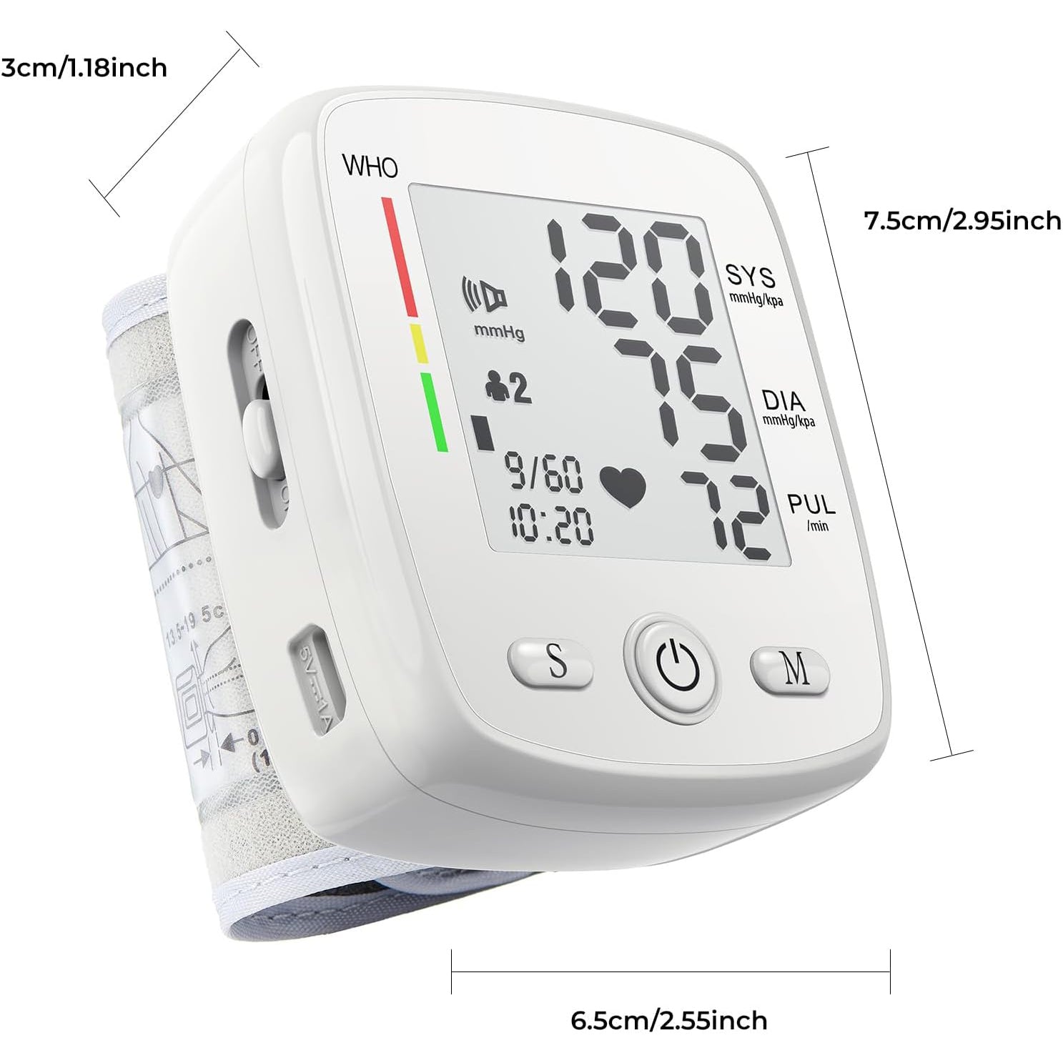 Blood Pressure Monitor Digital Wrist BP Machine Automatic BP Cuff with 2 Users 180 Memory Voice Large LCD Display Adjustable Cuff USB Charging Carrying Case