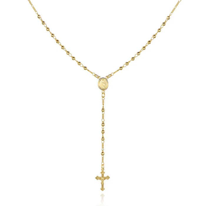 Unisex 14K Gold Virgin Mary Rosary Bead Cross Necklace 18''