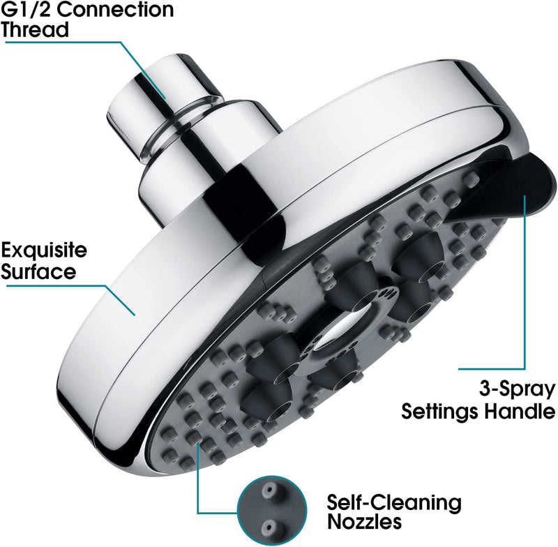 3 Spray Fixed Rainfall Shower Head with Adjustable Metal Swivel Ball Joint