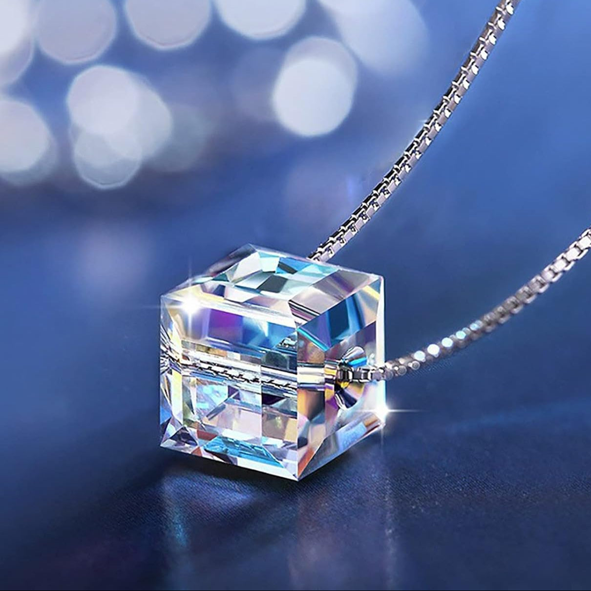 Aurora Borealis Crystal Cube Necklace Made with Swarovski Crystal