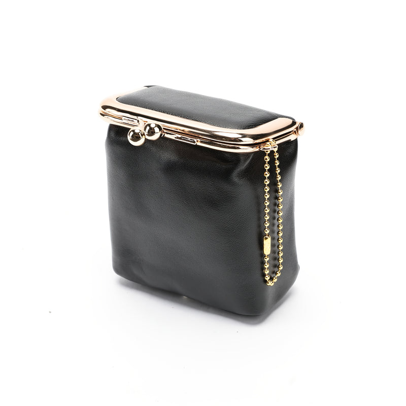 Black smooth leather kiss lock mini bag with gold ball chain