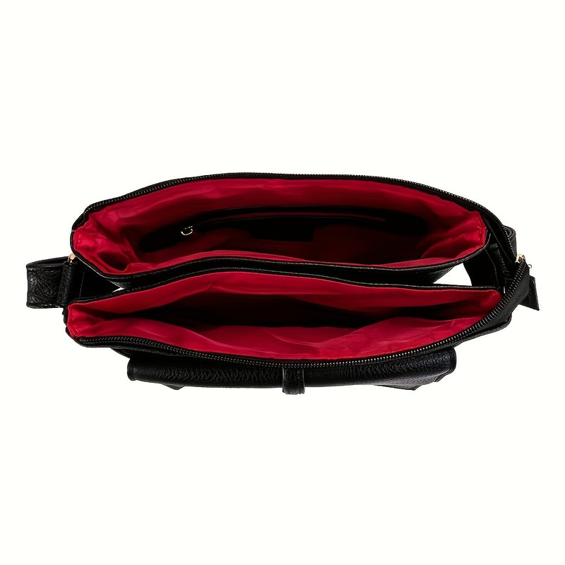 Two zip compartments inside with red lining