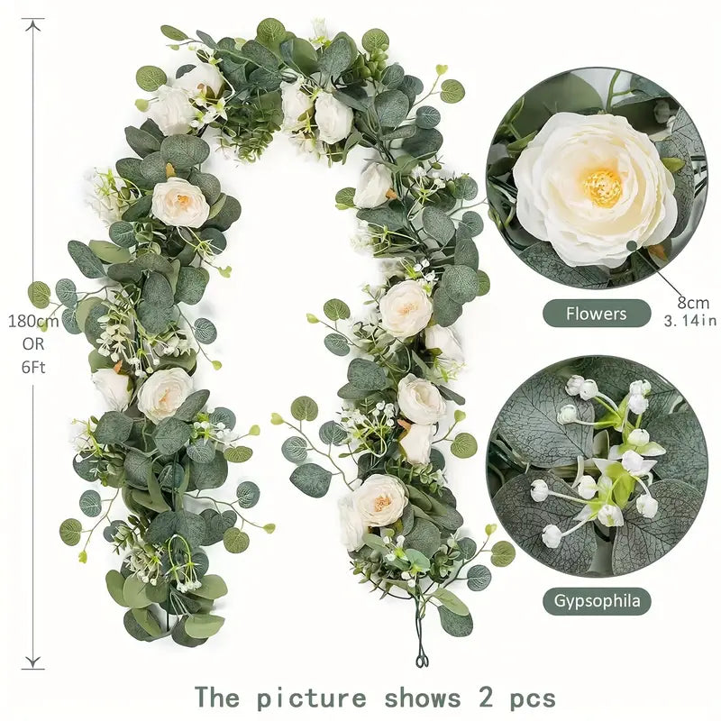 Artificial Eucalyptus Garland With Fake Roses & Gypsophila, Faux Floral Greenery