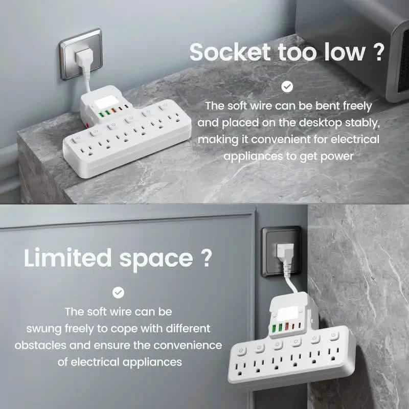 12-in-1 Adjustable Desk Lamp Power Strip – 6 AC Outlets, 3 USB-A & 2 Type-C Ports, Surge Protection