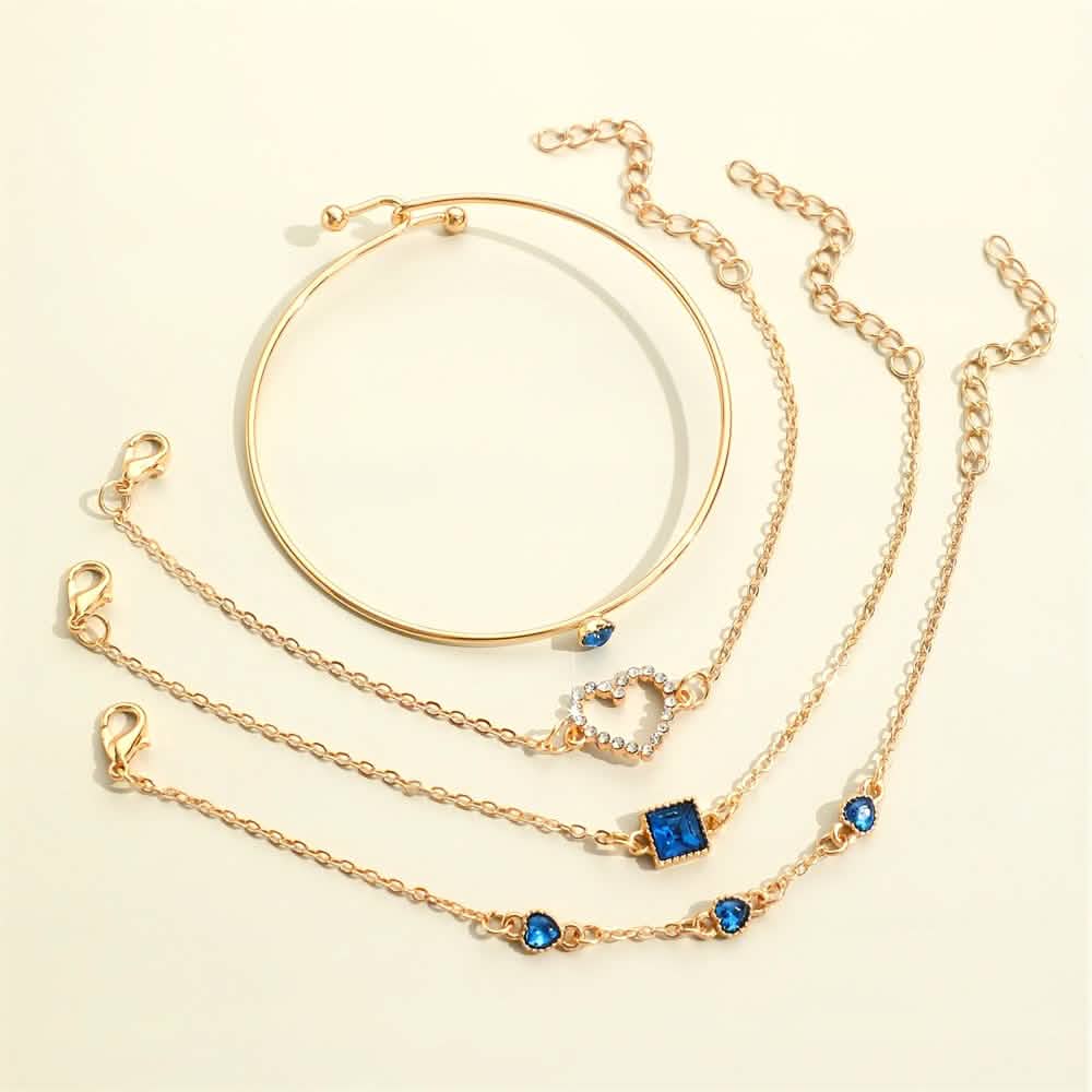 4pcs Rhinestone Alloy Bracelet Set – Minimalist Heart & Square Design