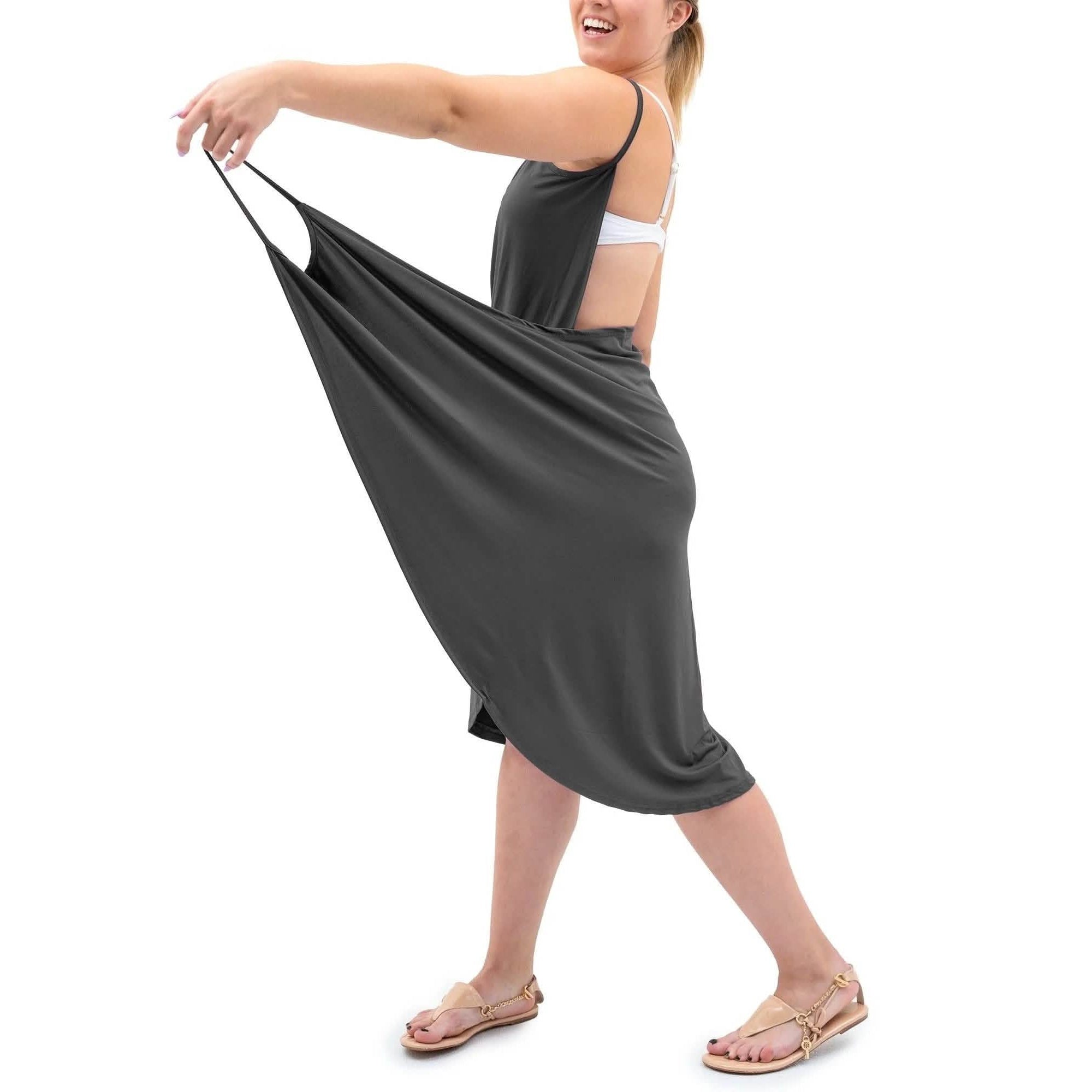Side view of the grey wearable bath towel wrap being adjusted