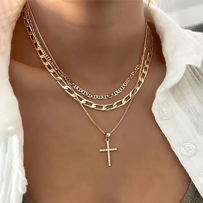 3-Piece: Women's Retro Luxury Artificial Crystal Cross Stackable Necklace Set