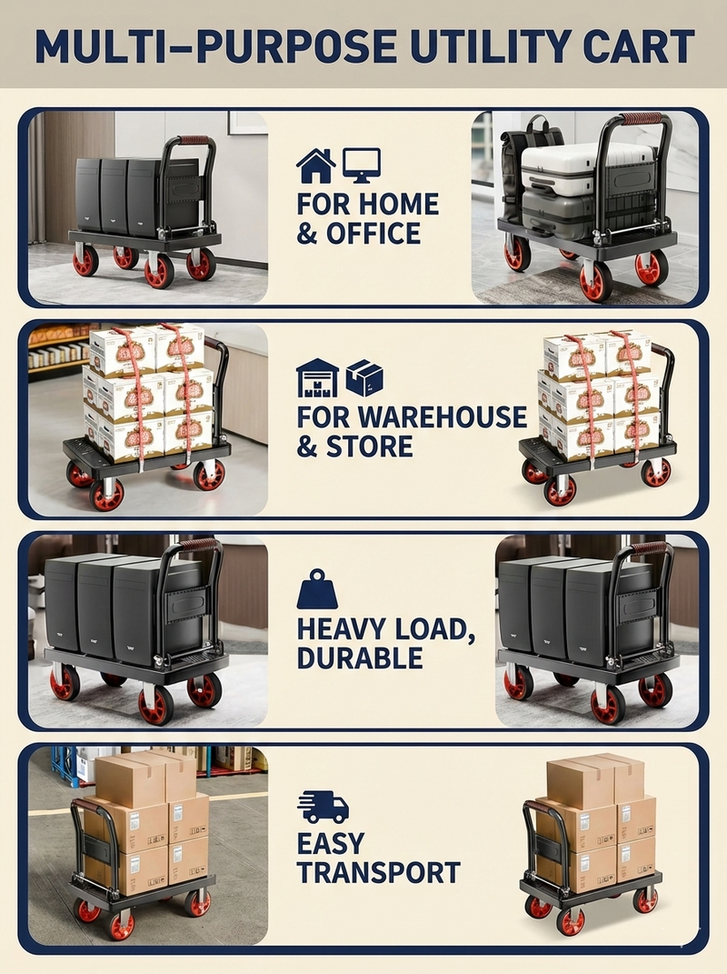 Heavy Duty Folding Platform Cart-350/660/680/820 lb-Flatbed Hand Truck with Strap