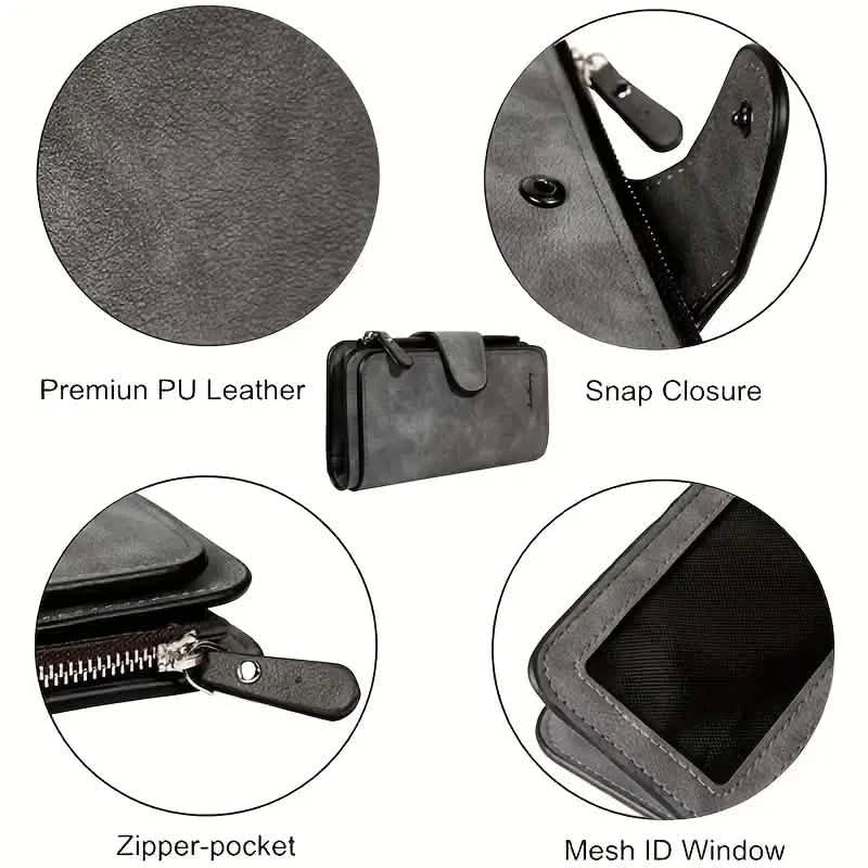 Vintage Faux Leather Long Wallet – Trifold Credit Card Holder with Snap & Zipper