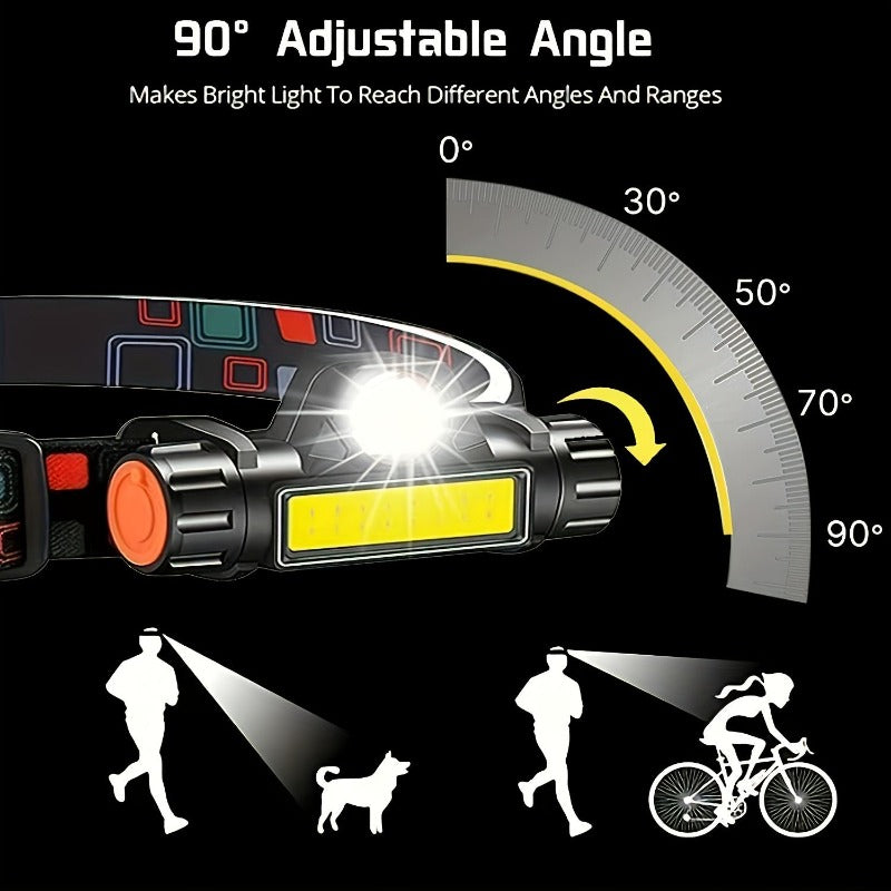 Headlamp head tilts up to 90 degrees for walking, running and cycling