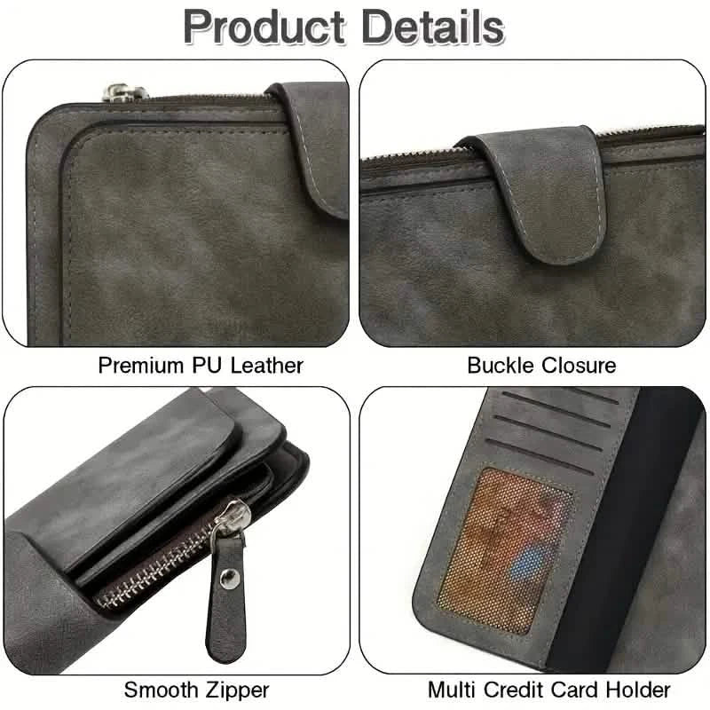 Vintage Faux Leather Long Wallet – Trifold Credit Card Holder with Snap & Zipper