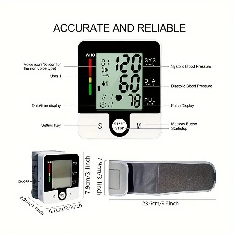 Digital Wrist Blood Pressure Monitor for Adults - Voice-Activated, Heart Rate & Adjustable Cuff