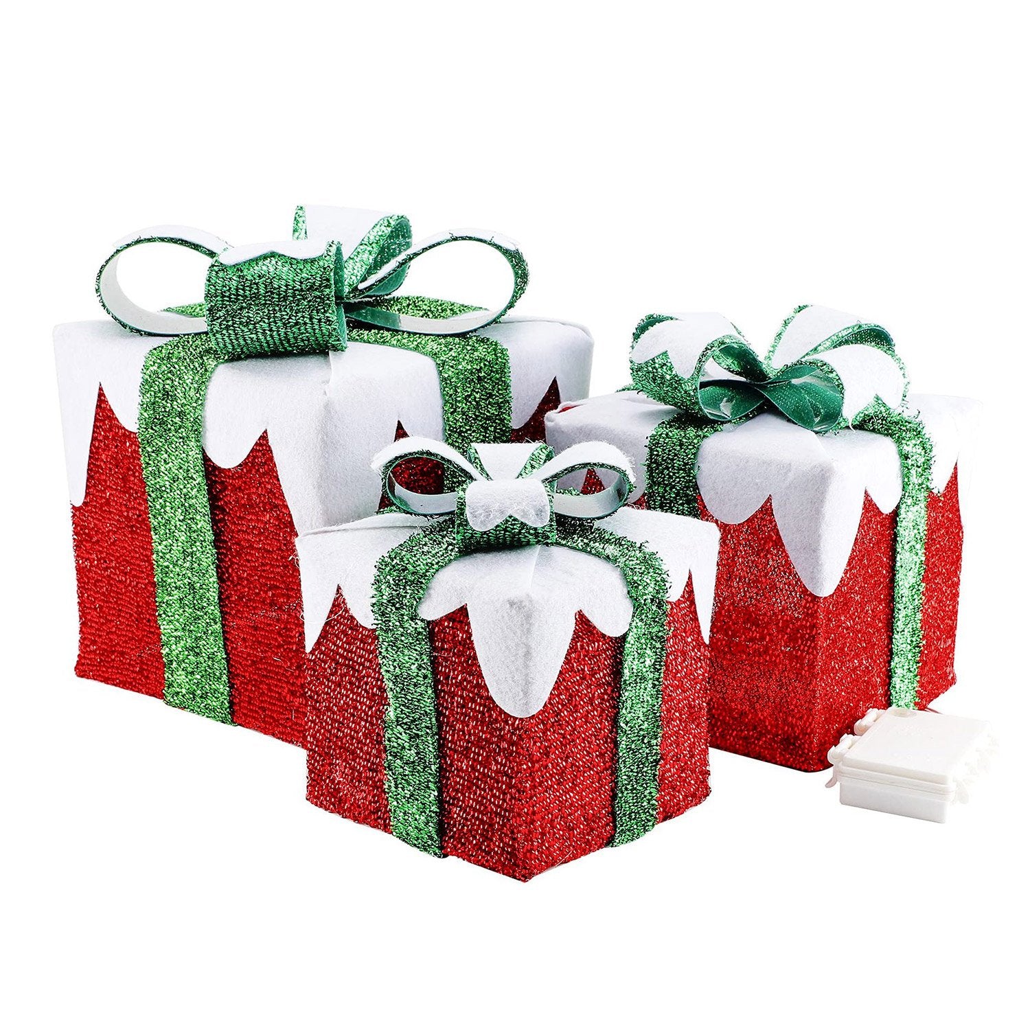 3-Piece Set: Lighted Gift Boxes Christmas Decoration IP44 with 3 Bows Timer 60 LED