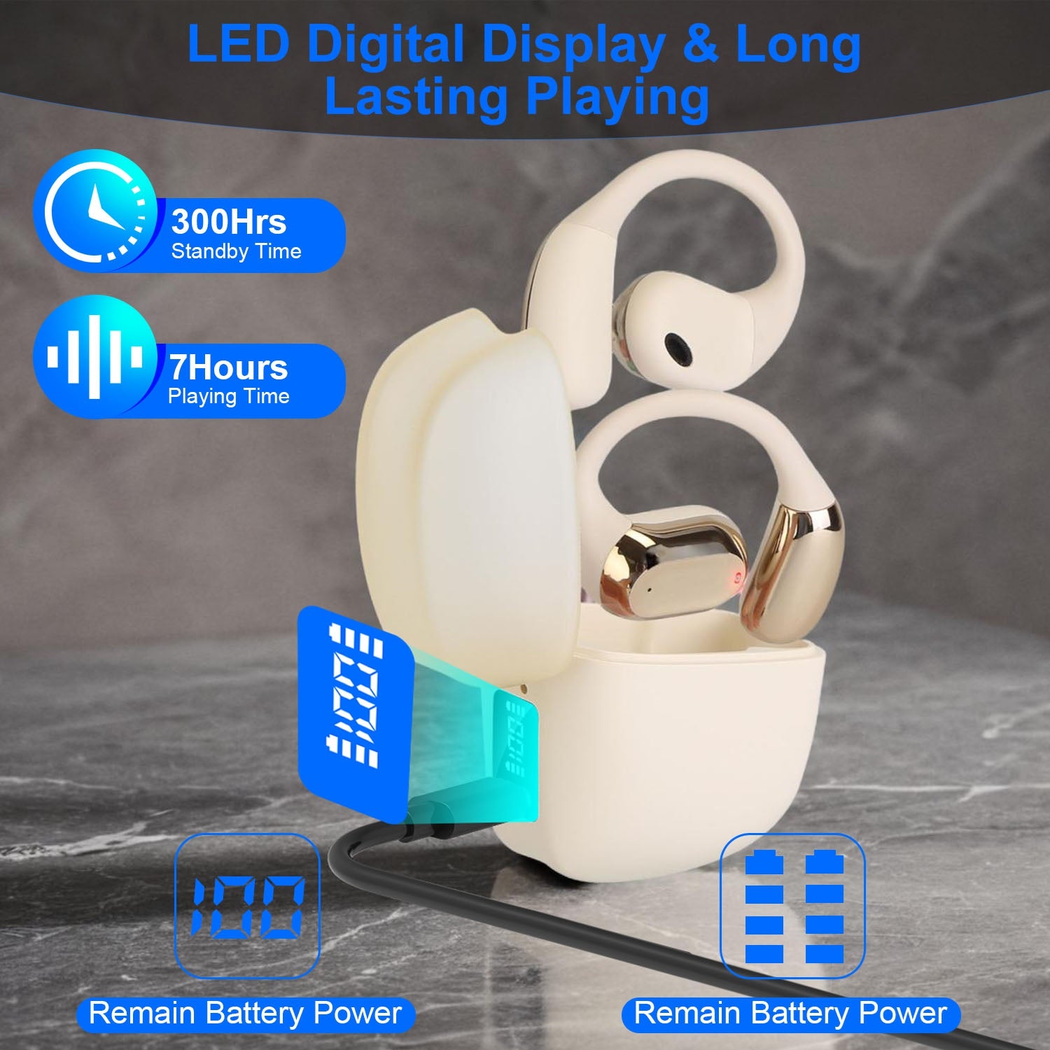 Wireless V5.4 Open Ear Earbuds with Earhook LED Display Charging Case