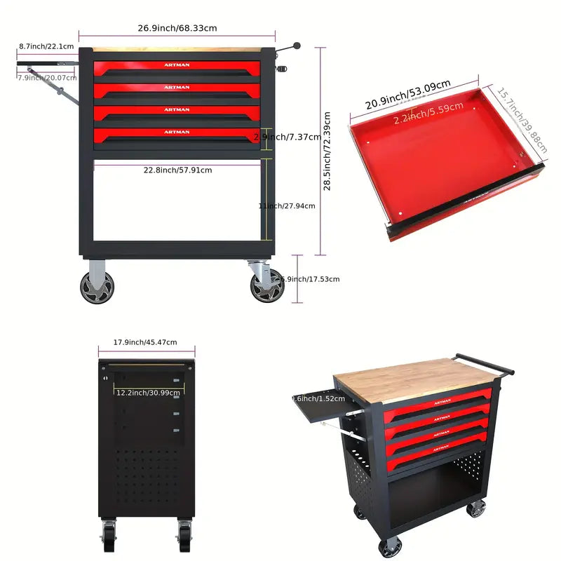 4 Drawers Multifunctional Tool Cart With Wheels And Wooden Top