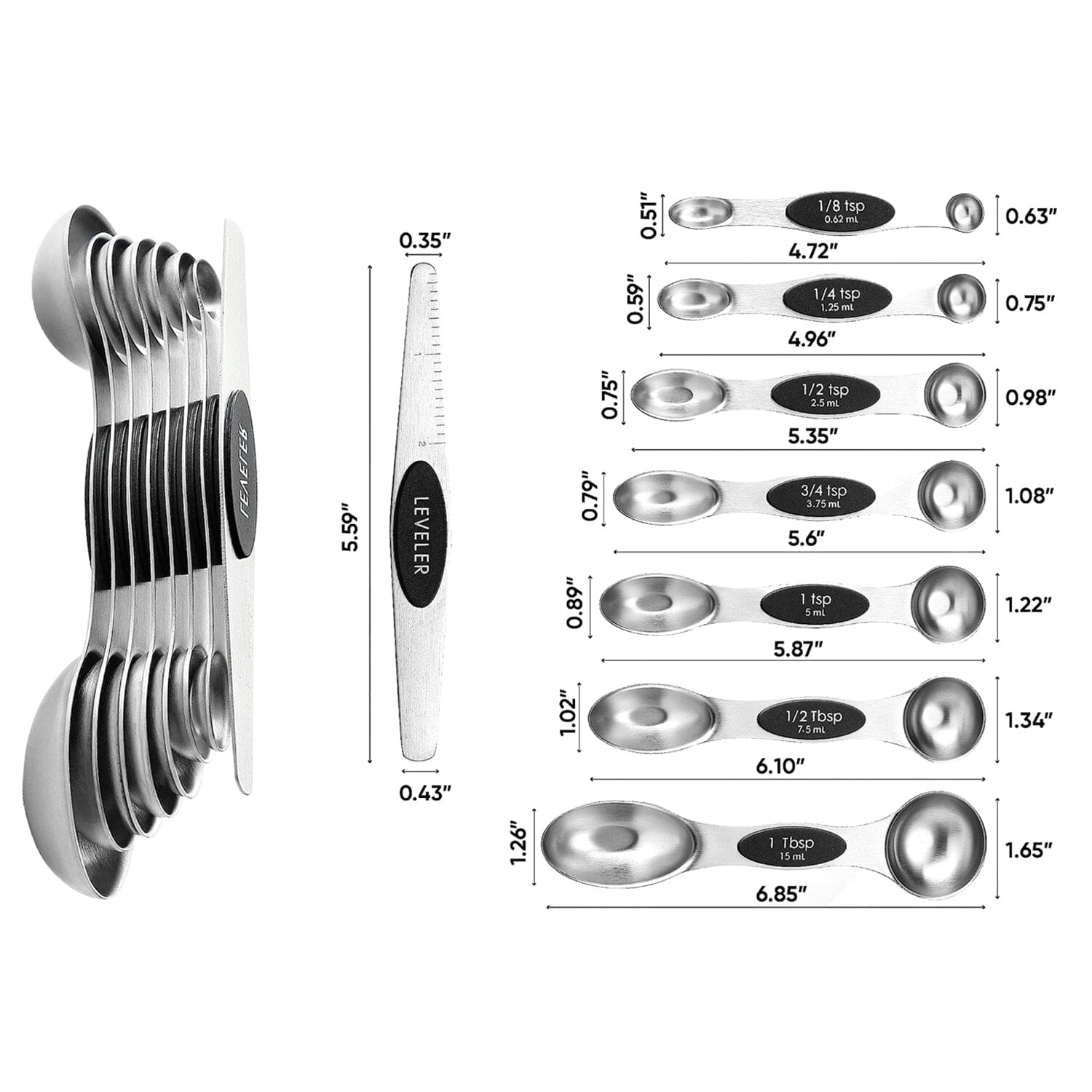 Black Measuring Spoons - Set of 7 Includes Leveler - Premium