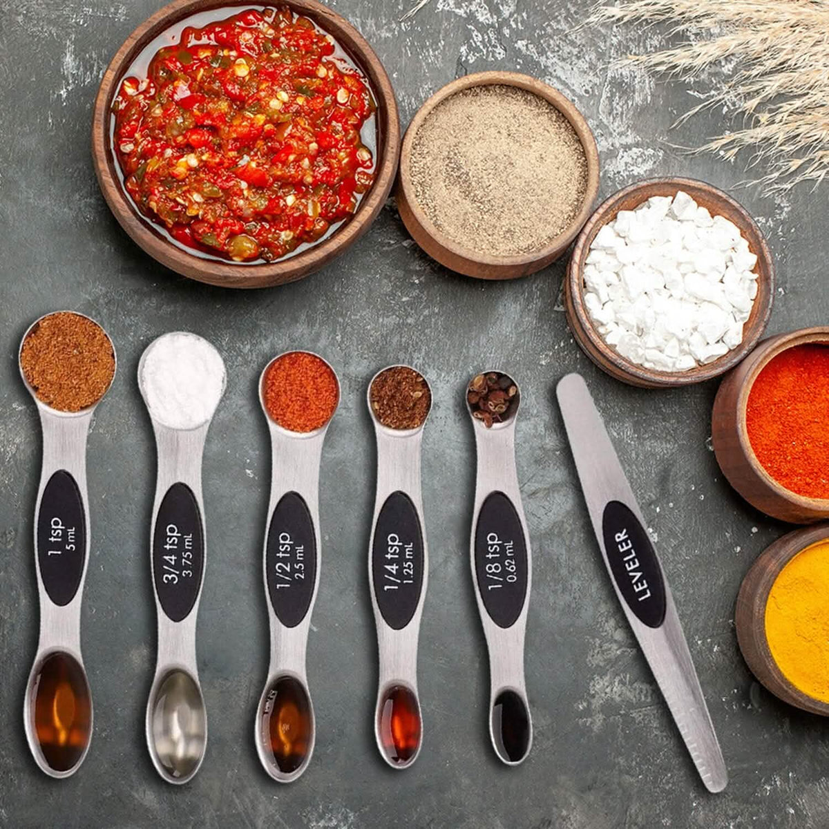 Stackable Spoon Set 7-Piece: Double Sided Stackable Magnetic Measuring Spoons Set with Lev