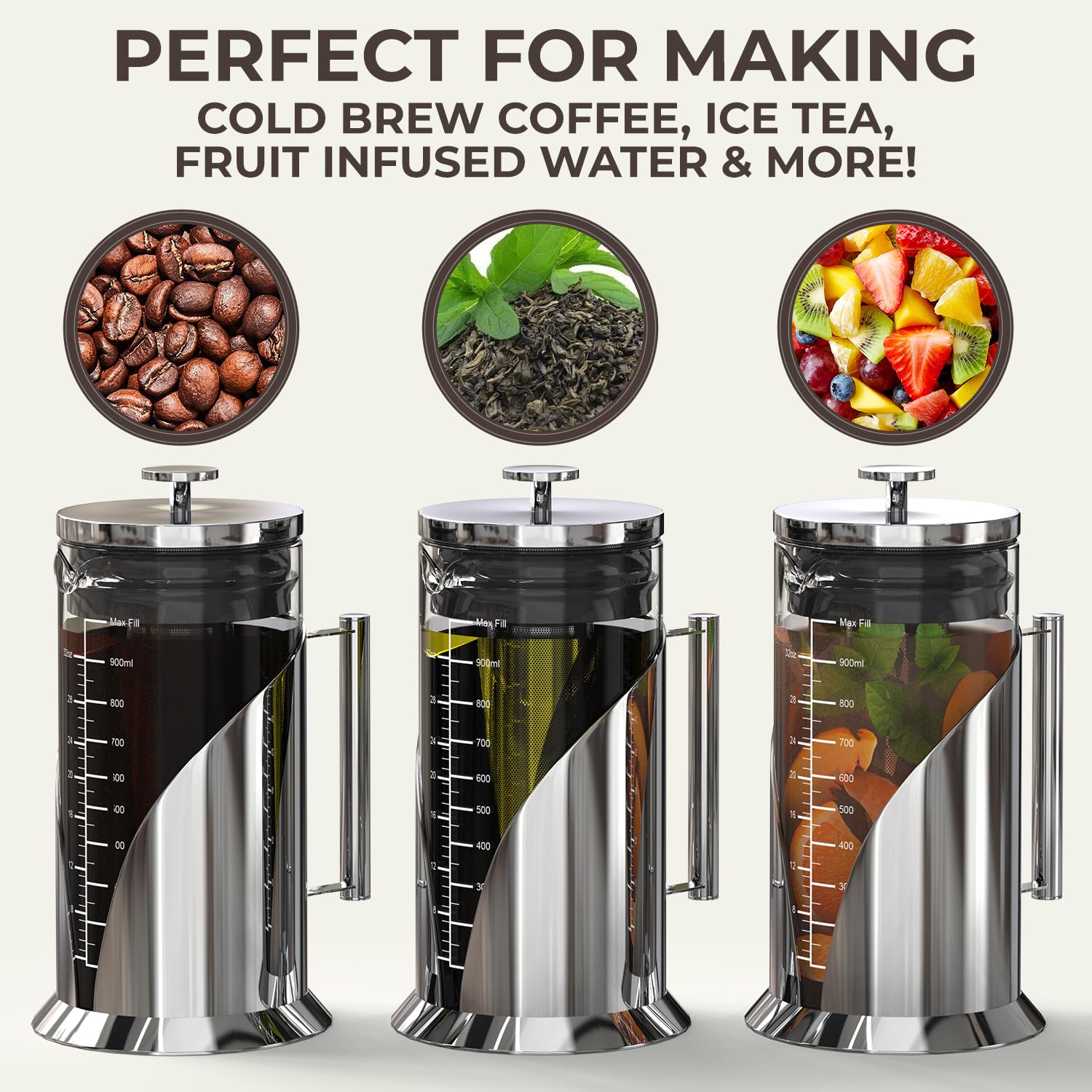 Cafe Du Chateau Cold Brew Coffee Maker - 34oz Airtight Iced Coffee & Tea Pitcher with Measuring Label, Stainless Steel Filter, Ideal for Fridge Storage