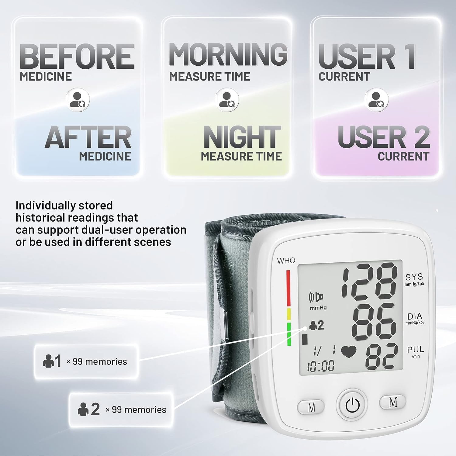 Blood Pressure Monitor Digital Wrist BP Machine Automatic BP Cuff with 2 Users 180 Memory Voice Large LCD Display Adjustable Cuff USB Charging Carrying Case