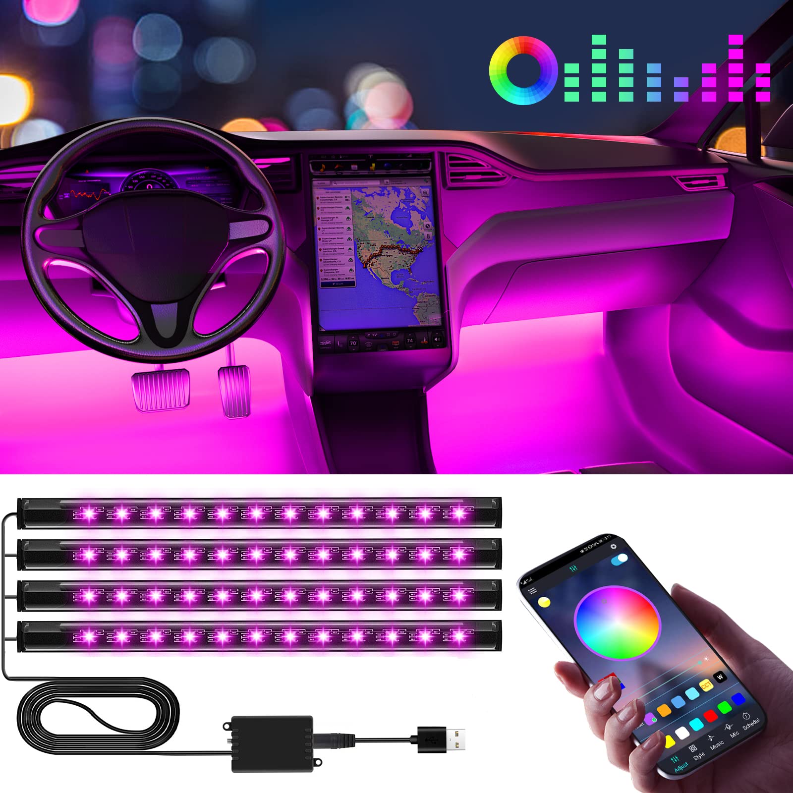 Car Interior LED Lights — Music Sync App Control Color Changing USB Strip Lights for Car & Truck