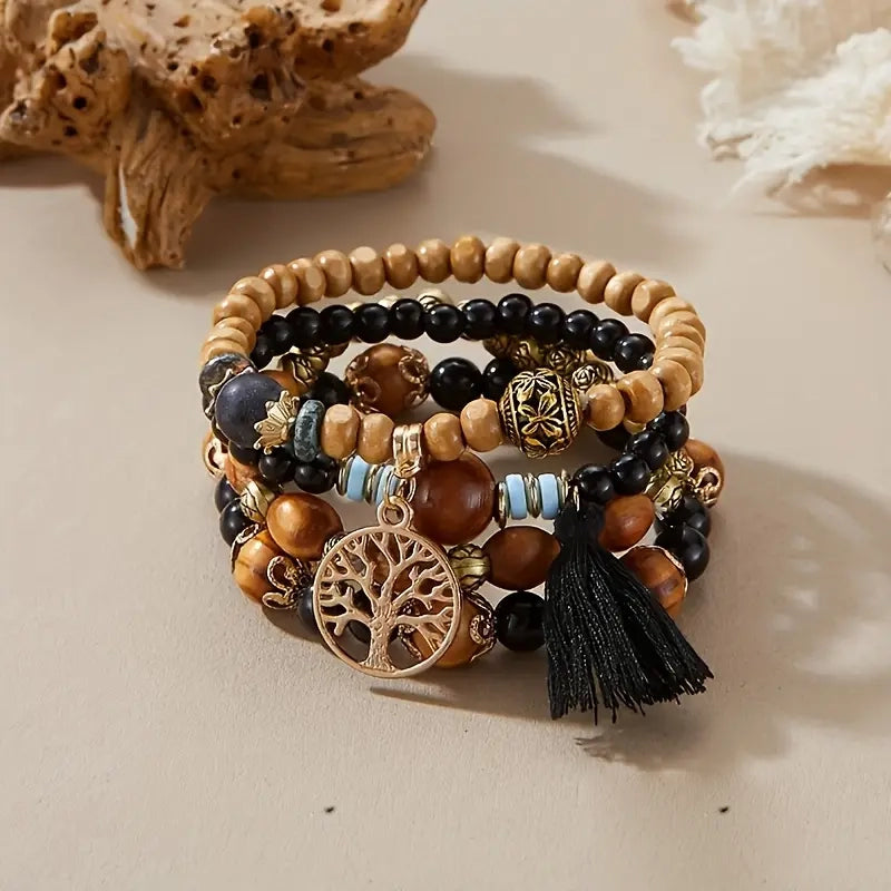 4-Piece Set: Creative Bohemian Bracelet, Layered Beaded Stretchable Bracelet