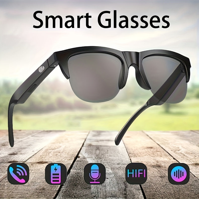 Black wireless audio sunglasses with built-in speakers and microphone