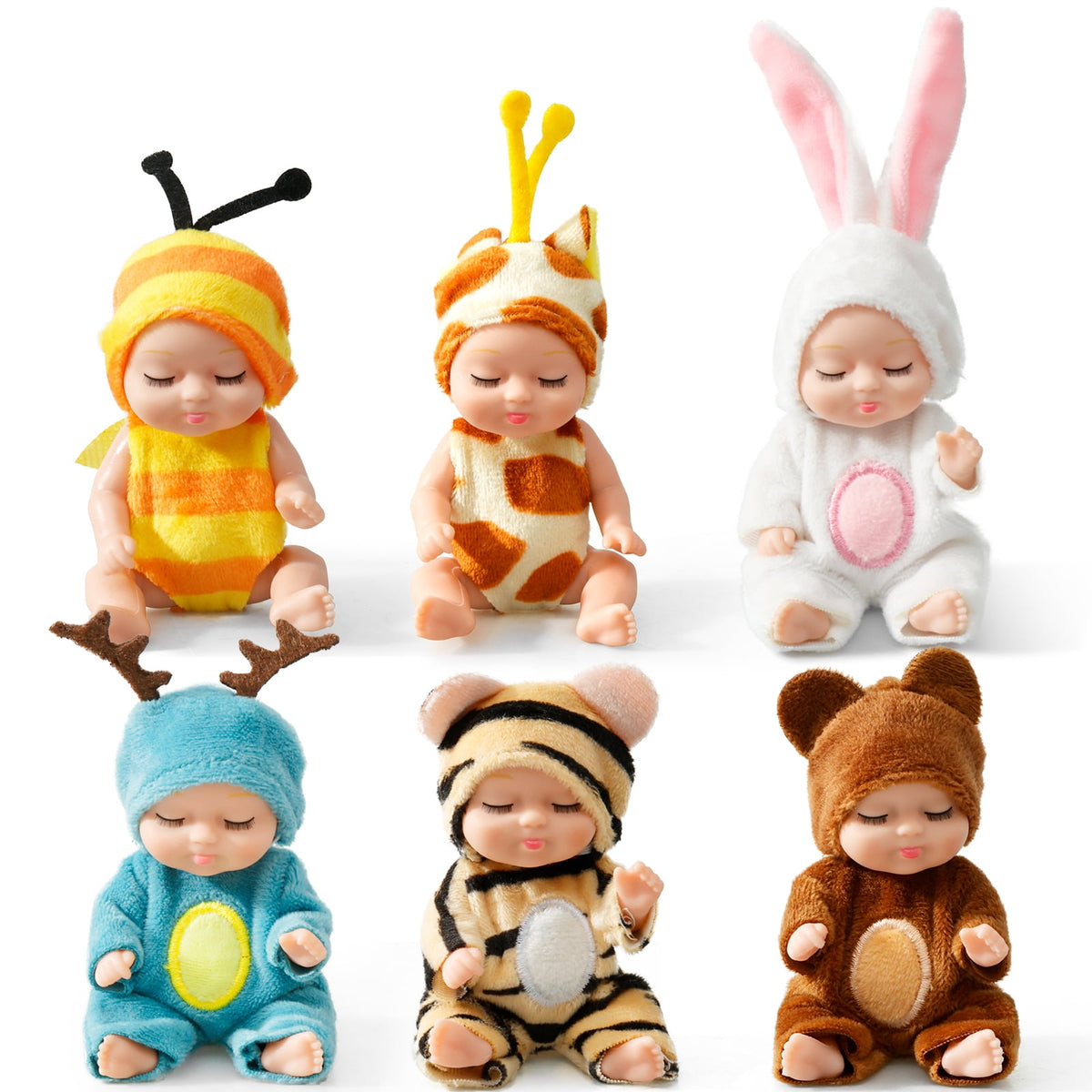 All six dolls lined up: bee, giraffe, reindeer, rabbit, tiger and bear