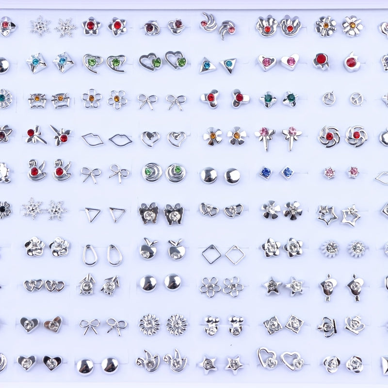Assorted silver-tone stud earrings: hearts, flowers, stars, bows and rhinestone designs