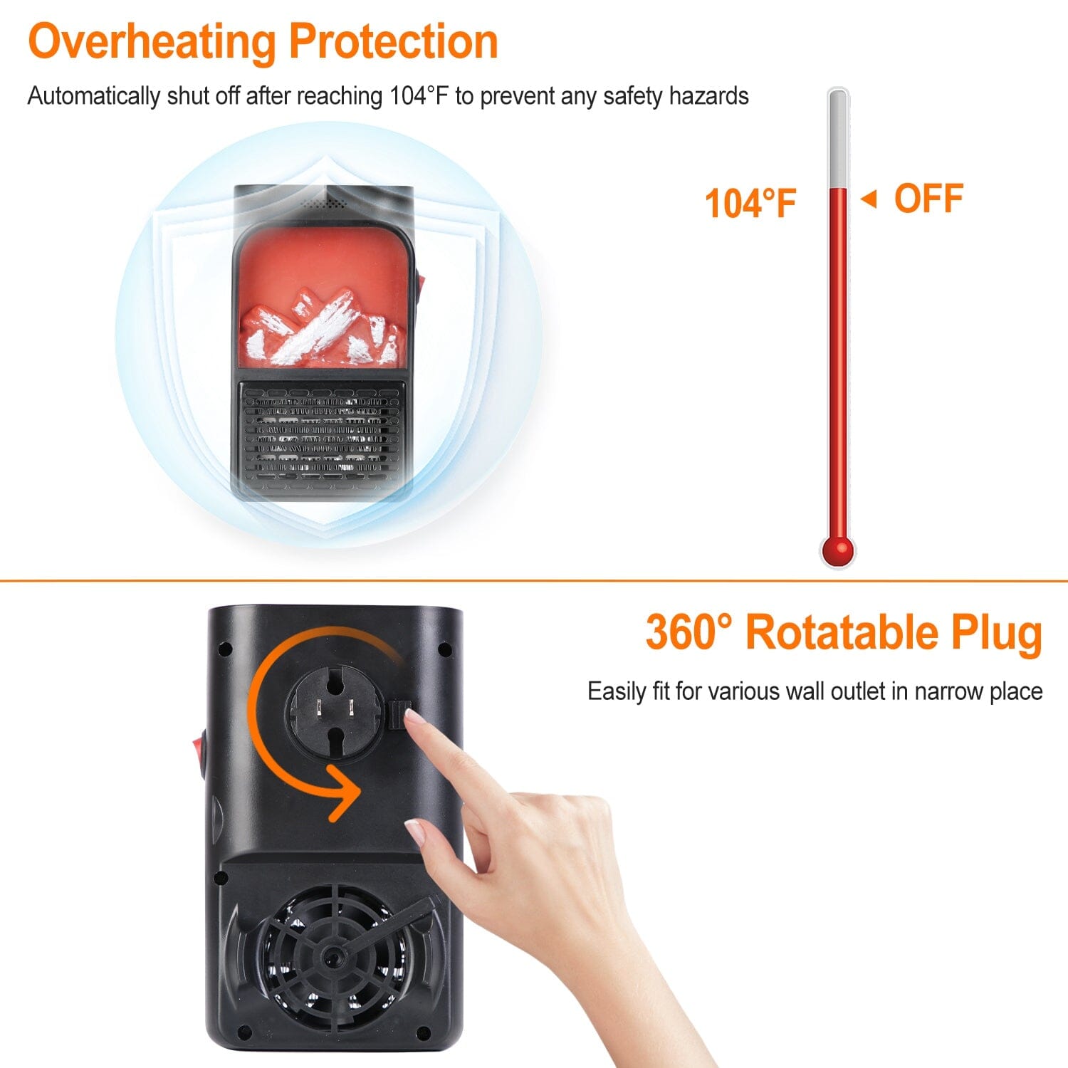 800w Plug-In Space Heater Wall Outlet with 360° Rotatable Plug Household Appliances - DailySale