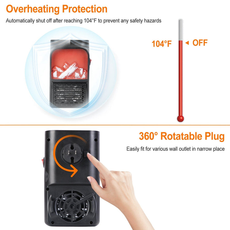 800w Plug-In Space Heater Wall Outlet with 360° Rotatable Plug Household Appliances - DailySale