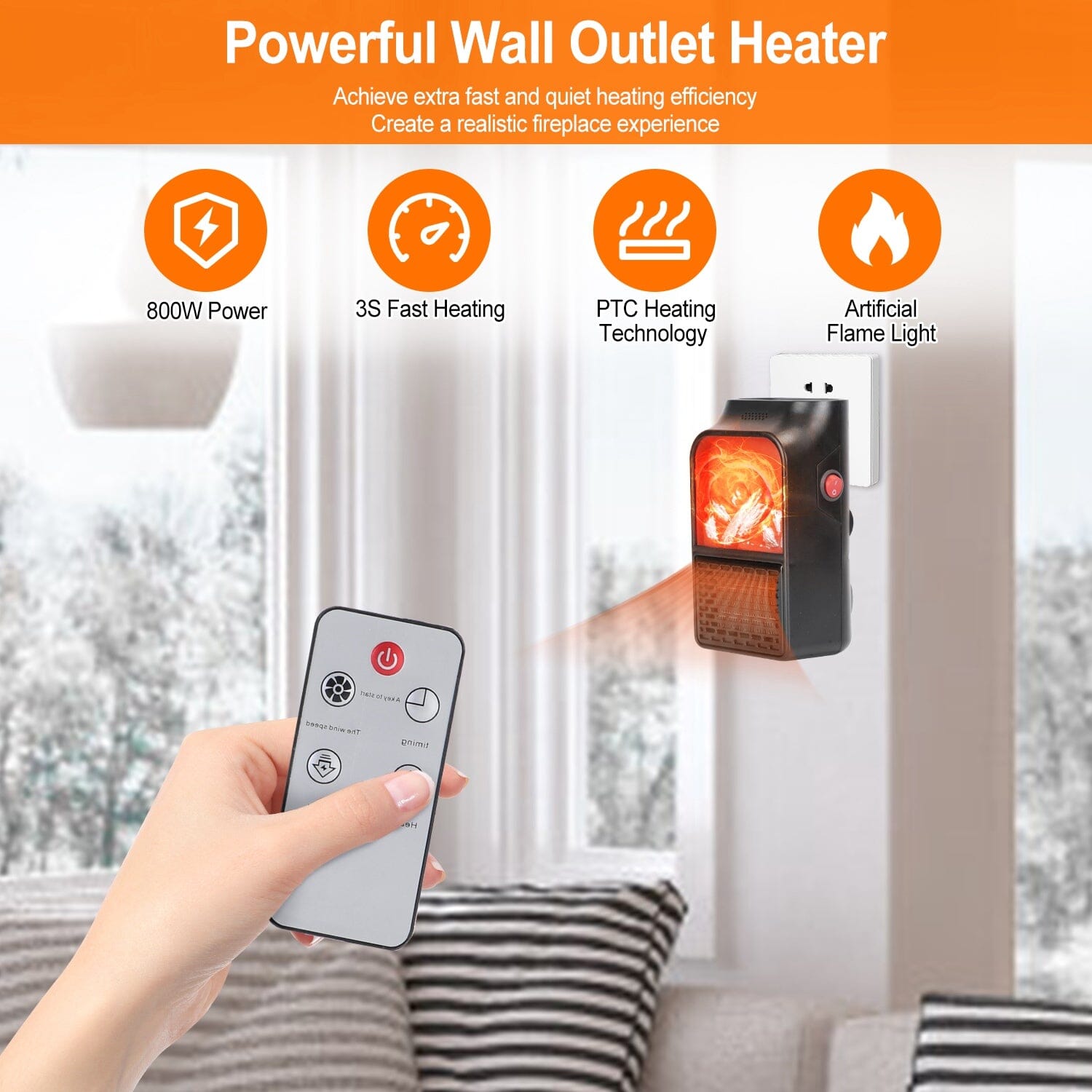 800w Plug-In Space Heater Wall Outlet with 360° Rotatable Plug Household Appliances - DailySale