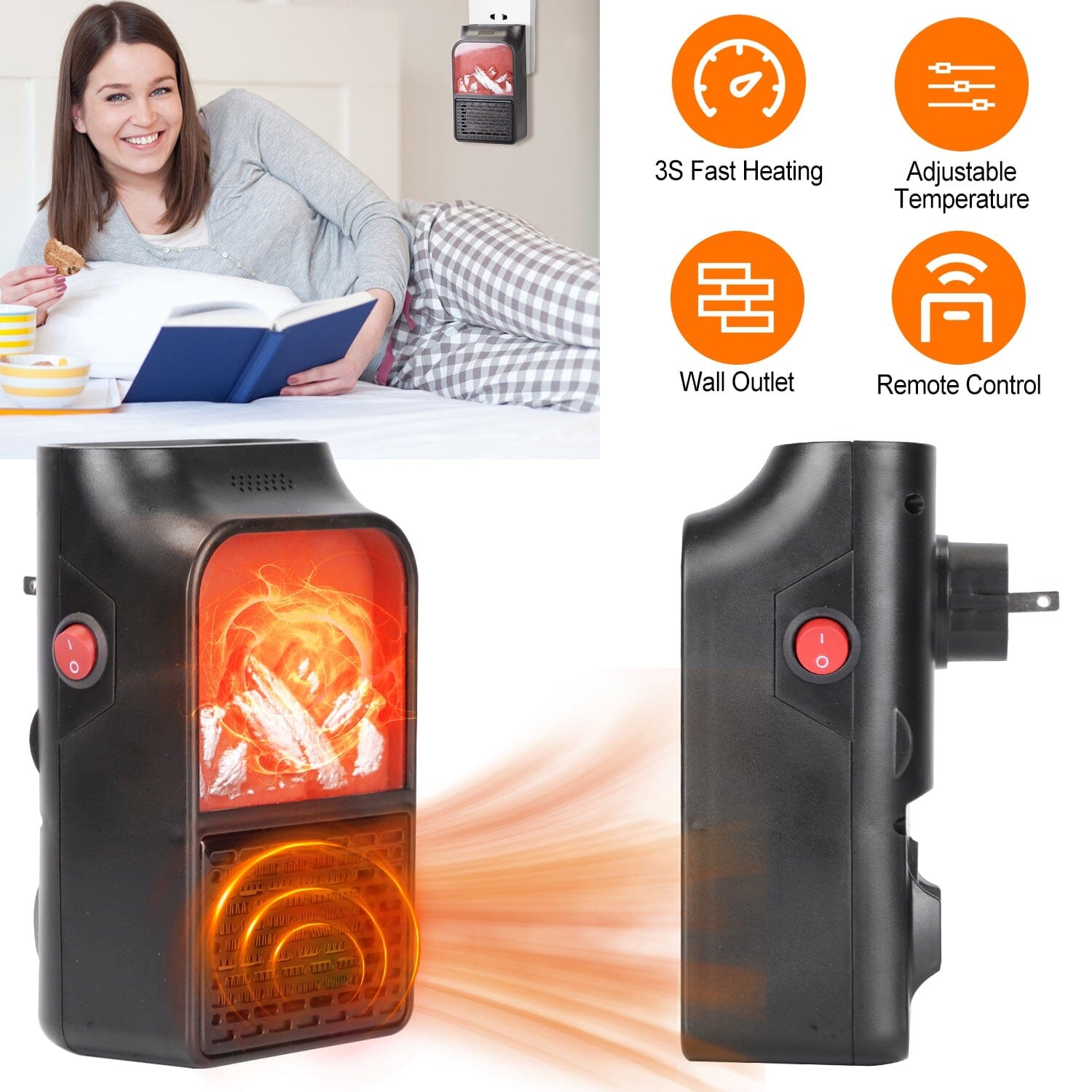 800w Plug-In Space Heater Wall Outlet with 360° Rotatable Plug Household Appliances - DailySale