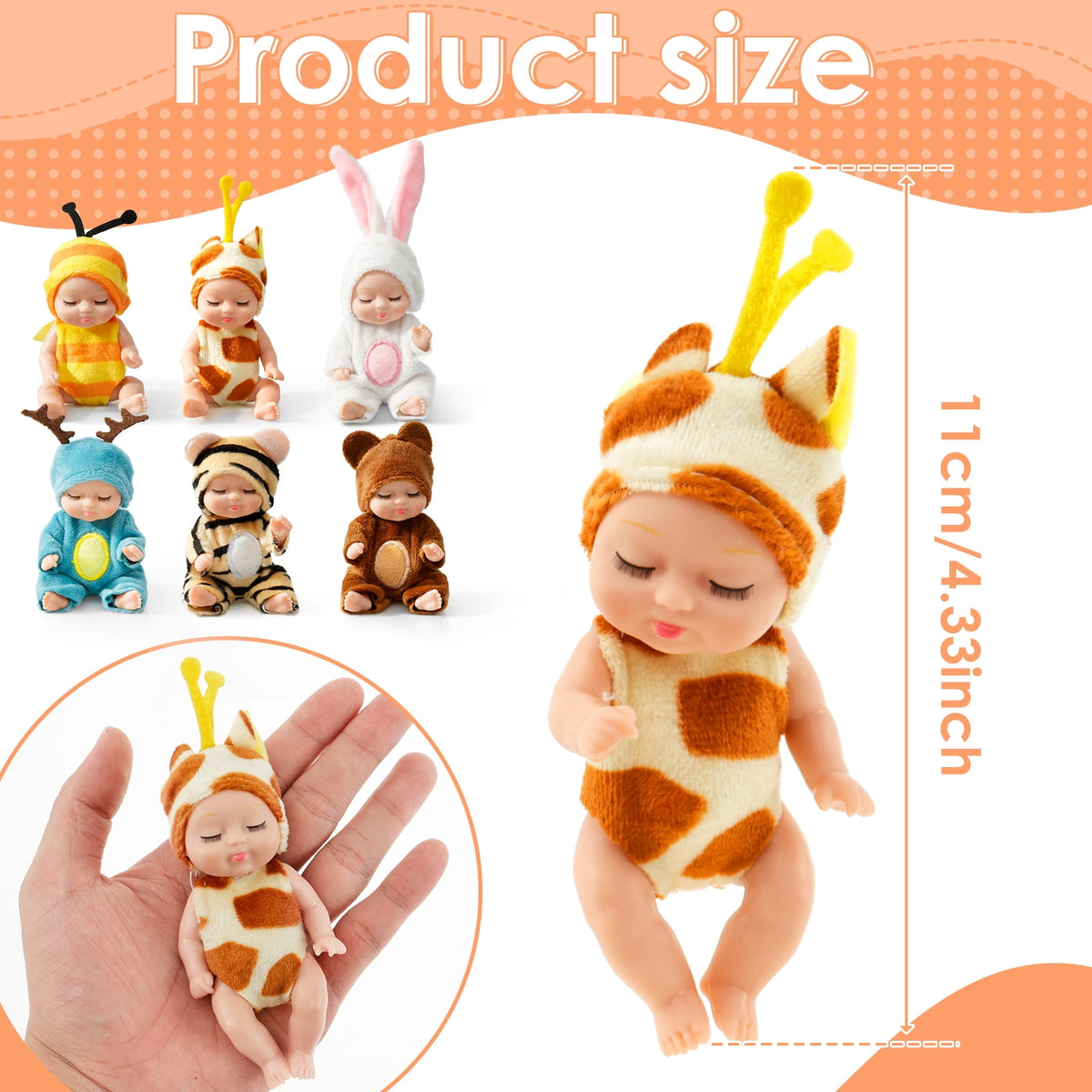 Size guide, each doll is 11 cm or 4.33 inches tall, shown held in a hand