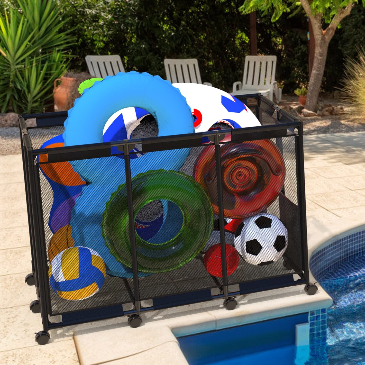 210 Gallon Pool Storage Bin Organizer Rolling Mesh Storage Basket with Lockable Wheels