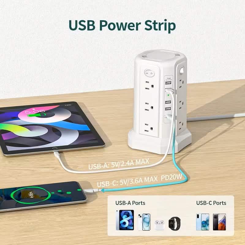 Surge Protector Tower 1800J with 4 USB A Ports, USB C (PD18W) Port, 12 AC Outlets and 10FT Cord