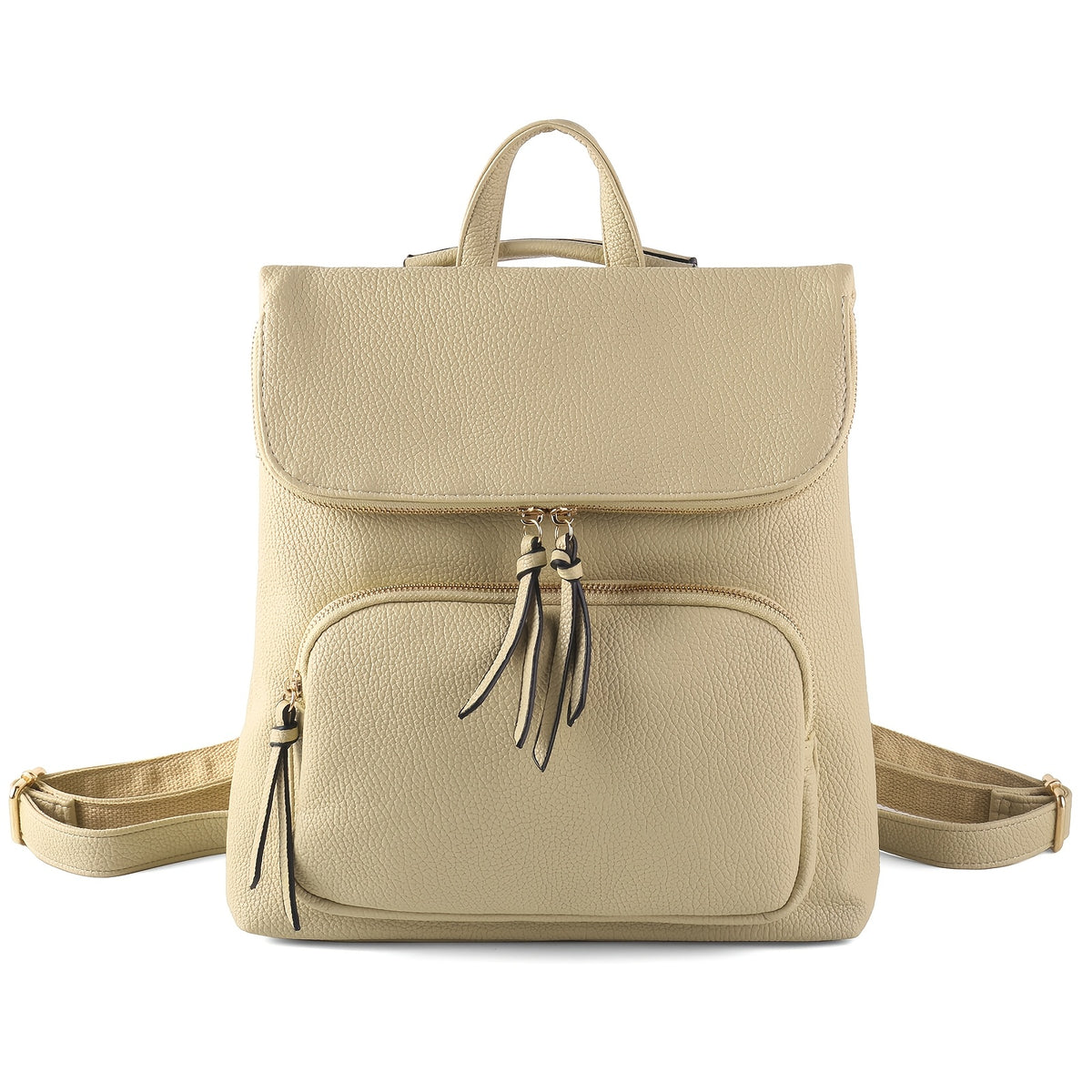 Beige flap backpack, front view