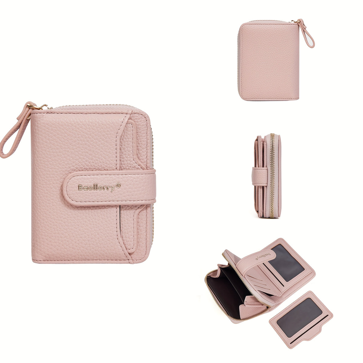 Light pink compact zip bifold wallet, closed and open views