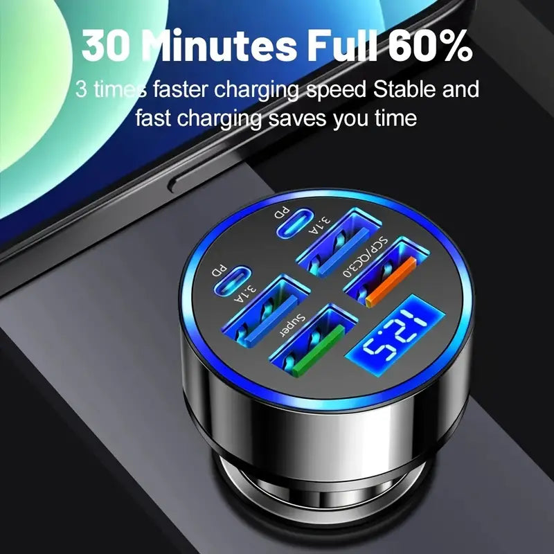 Fast Charging 6 Ports Car Charger Adapter with 4 USB + 2 Type-C 40W QC3.0