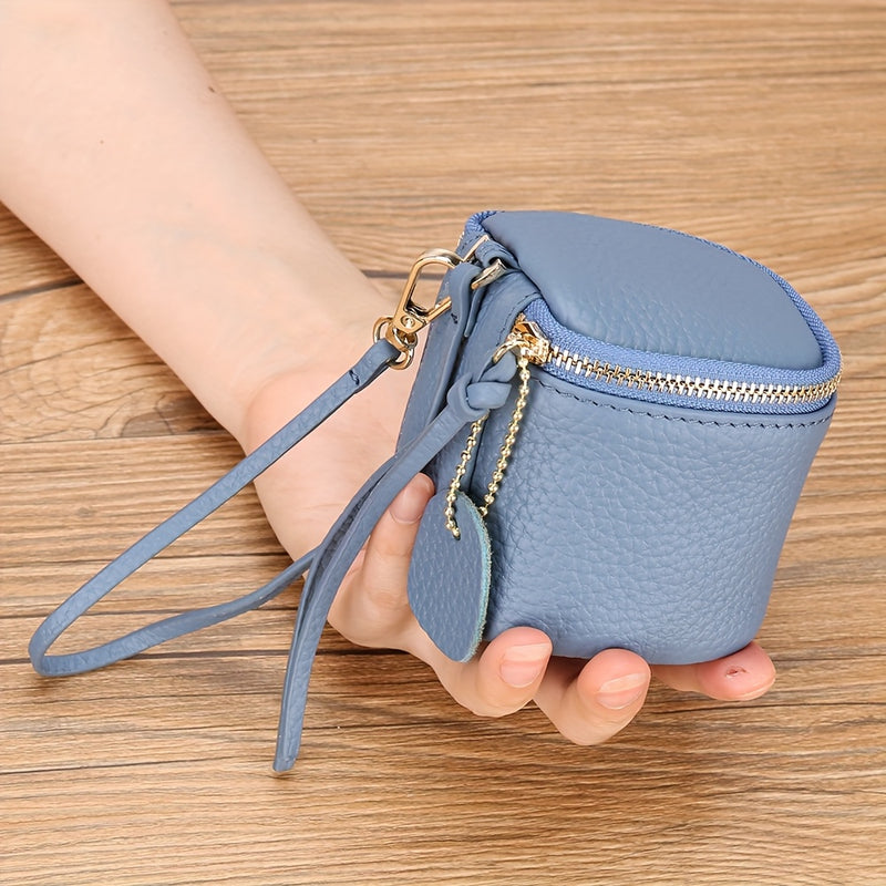 Denim blue mini leather bucket coin purse with wrist strap