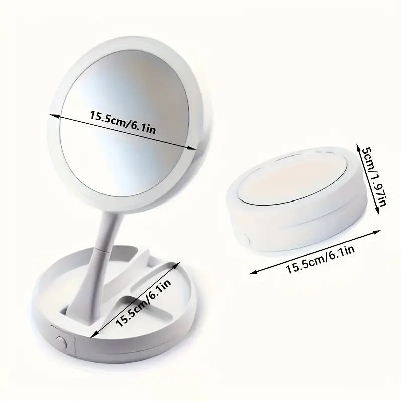 Foldable LED Vanity Mirror With Storage Box, Double-sided 1X & 10X Magnifying Retractable Mirror