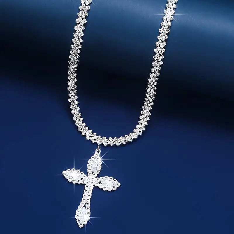 925 Sterling Silver Cross Pendant Necklace with Sparkling Rhinestone Embellishments Necklaces - DailySale