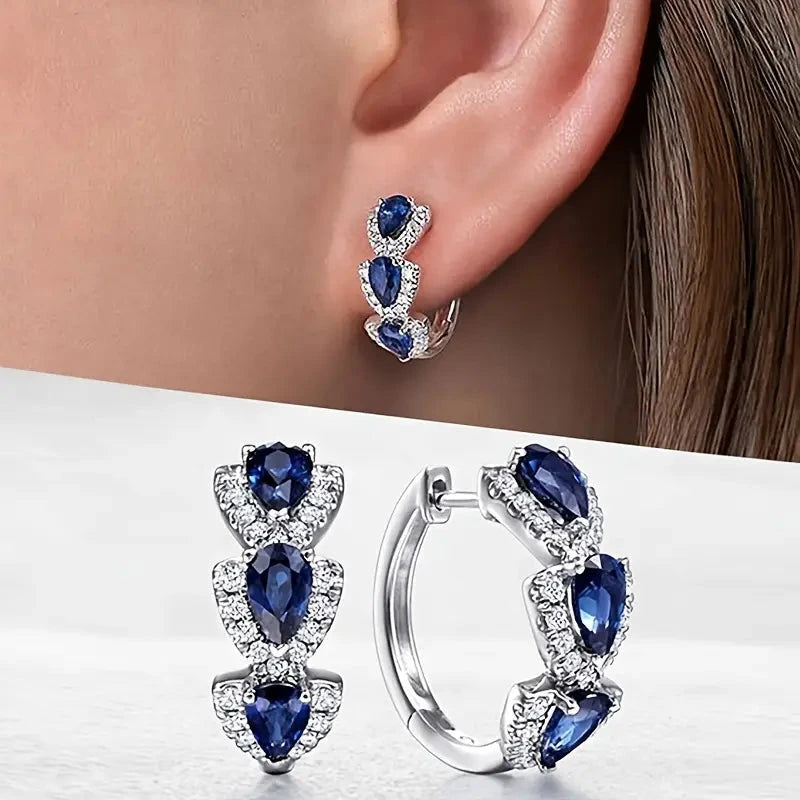 925 Sterling Silver Hoop Earrings with Synthetic Blue Cubic Zirconia Earrings - DailySale