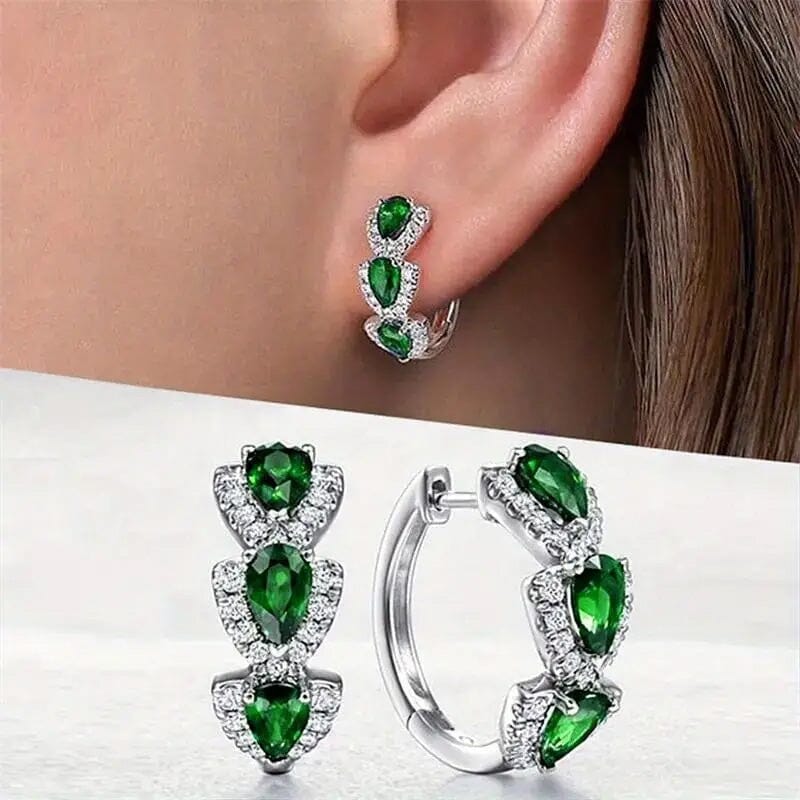 925 Sterling Silver Hoop Earrings with Synthetic Blue Cubic Zirconia Earrings Green - DailySale