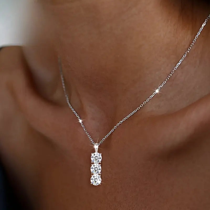 925 Sterling Silver Necklace Three Vertical Synthetic Zirconia Pendants Necklaces - DailySale