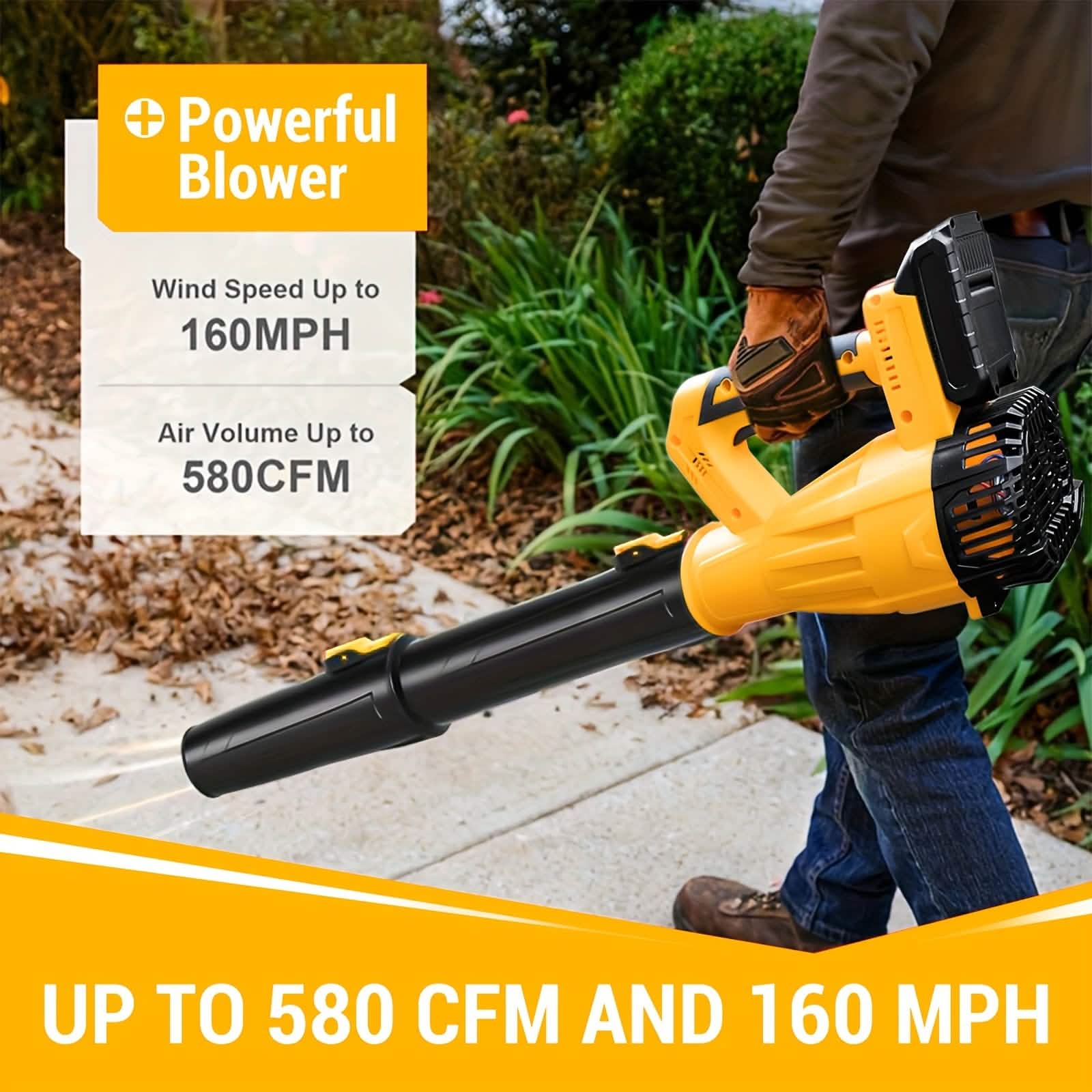 Powerful Cordless Leaf Blower – Yellow (1 Battery & Charger)