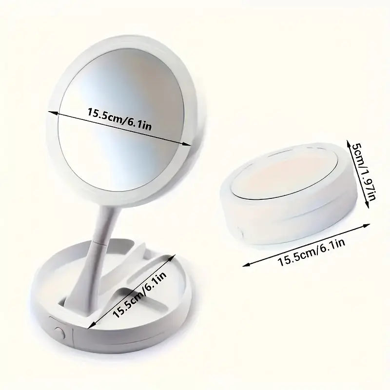 LED Vanity Mirror with Storage Tray, Dual-Sided 1X & 10X Magnification