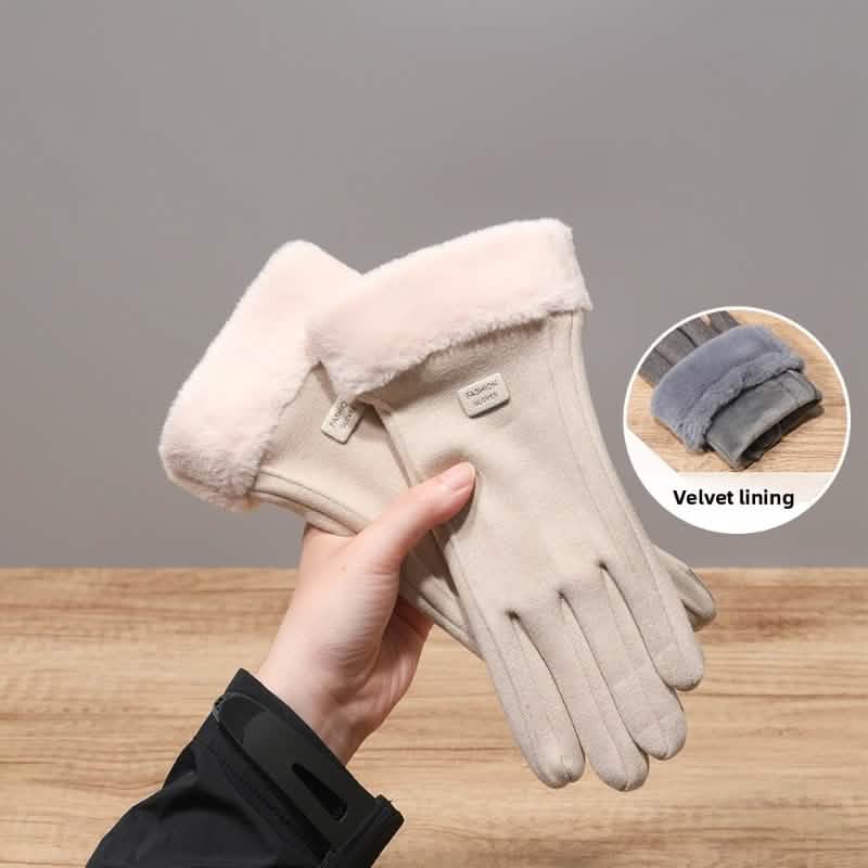 Cashmere Warm Suede Leather Plush Touch Screen Gloves