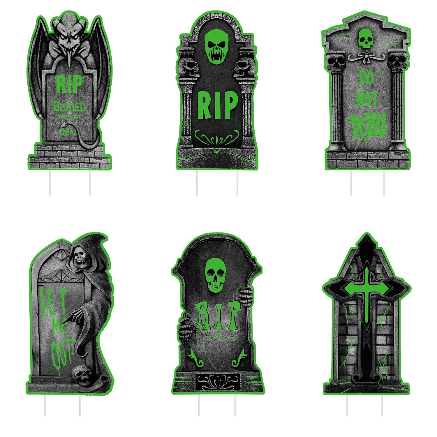 6-Pieces: Glow in the Dark Halloween Yard Sign Decorations with 12 Stakes