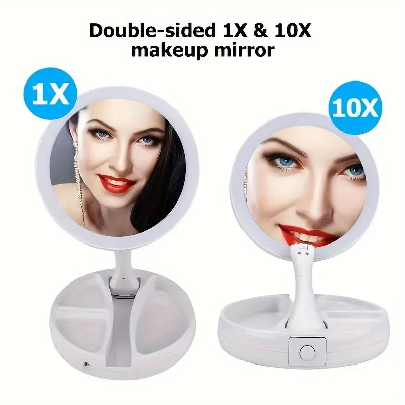 Foldable LED Vanity Mirror With Storage Box, Double-sided 1X & 10X Magnifying Retractable Mirror